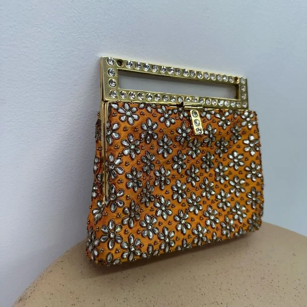 Meera Mahadevia Fully Embellished Satin Marigold Yellow Clutch Purse